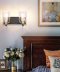 20.1 Inch Black Vintage Bathroom Vanity Light With Modern Glass Globe Shade Brass Wall Lamp Two Light Fixtures above a bed