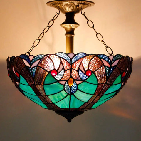 Green Liaison Tiffany Style Stained Glass Ceiling Light Fixture Semi Flush Mount Lamp With 16 Inch Shade And 15 Inch Height