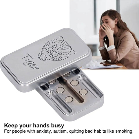 Nifty Tiger Pattern Magnetic Slider Fidget Toy With Built In Rotating Bearing, silver metal design with engraved tiger, perfect for stress relief.