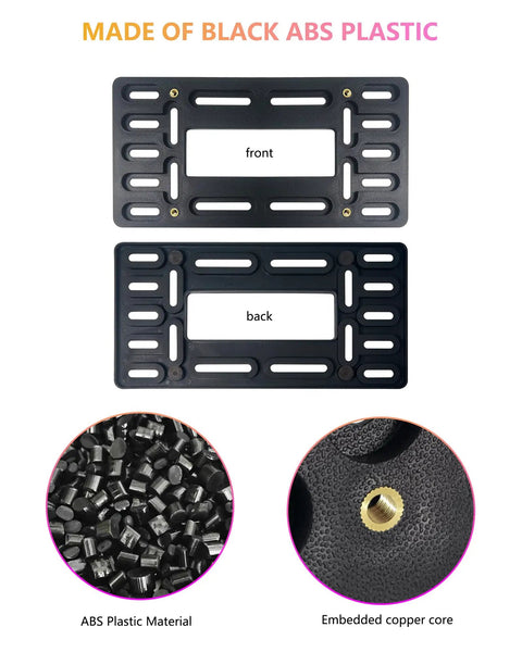 Front License Plate Holder Bracket Black Universal ABS Mounting Kit Frame with copper-threaded inserts, front and back view.