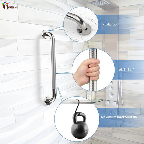 Features of 2 Pack 24 Inch Shower Grab Bar With Anti Slip Grip Chrome Stainless Steel Bathroom Grab Bar Handle For Safer Showers