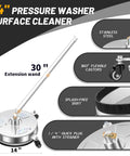 14 Inch Pressure Washer Surface Cleaner With Four Wheels Stainless Steel Construction Heavy Duty Attachment For Concrete Patio Sidewalk Deck And Driveways Pro Grade Cleaning Head That Delivers Fast Stain Busting Across Large Surfaces with 360° castors and splash-free skirt.