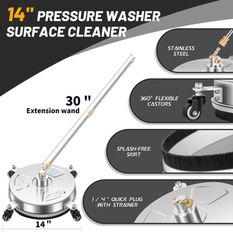 14 Inch Pressure Washer Surface Cleaner With Four Wheels Stainless Steel Construction Heavy Duty Attachment For Concrete Patio Sidewalk Deck And Driveways Pro Grade Cleaning Head That Delivers Fast Stain Busting Across Large Surfaces with 360° castors and splash-free skirt.