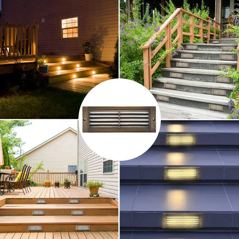 Brass Outdoor Step Lights For Stairs And Decks, Low Voltage Lighting with Solid Brass, Frosted Glass, LED, 9-Inch Wide, installed steps.