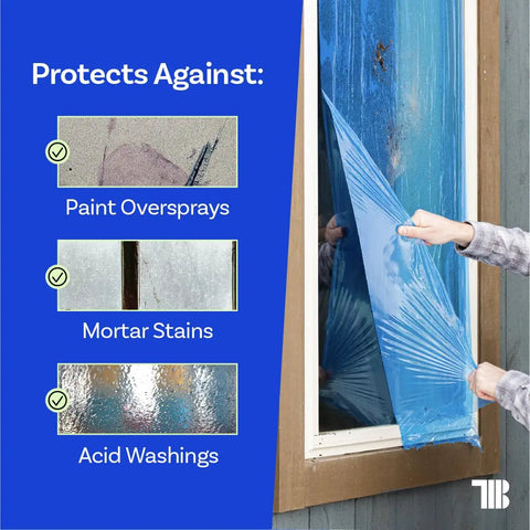 Person applying Blue Window Protection Film 24 Inch By 600 Feet For Construction Self Adhesive Temporary Glass Protection Tape on window