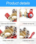 Components of 4 Way Quick Release Battery Terminal Connectors Set for SAE JIS Type A Posts, brass and steel details