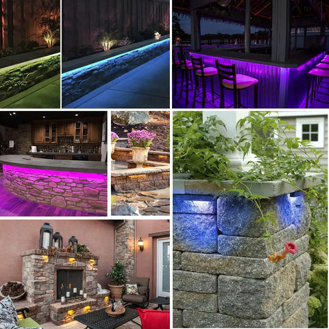 Collage of RGBCW LED Hardscape Lights 4W 12V Low Voltage Outdoor Landscape Lighting 7 Inch IP65 Waterproof Wall Lights for Path Deck and Steps Color Changing with 9 Colors and 2 Effects UL Listed 4 Pack, showcasing different lighting effects on walls, steps, and patios.