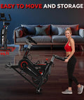 Woman storing Magnetic Resistance Stationary Bike For Home Use With App Sync Indoor Cycling Bike Supports 350 Lbs Weight Capacity Tablet Holder And Fitness Courses For Weight Loss Black Red.
