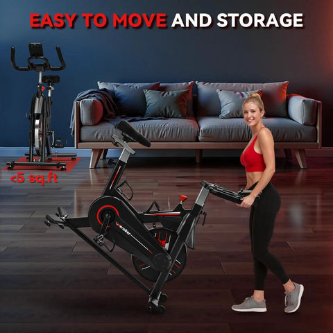 Woman storing Magnetic Resistance Stationary Bike For Home Use With App Sync Indoor Cycling Bike Supports 350 Lbs Weight Capacity Tablet Holder And Fitness Courses For Weight Loss Black Red.