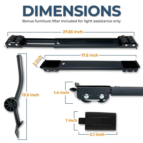 Dimensions of Top Rated Heavy Duty Appliance Dollies and Furniture Movers with Free Lifter Tool and Adjustable Expandable Base.