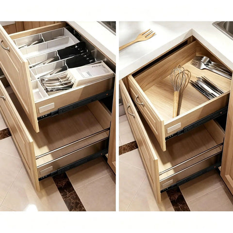 Beefy Industrial Heavy Duty Drawer Slides Telescoping Metal Runners With Thick Steel Plate And Black Wear Resistant Coating Built To Handle Big Loads Without Bending installed in kitchen drawers