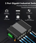 Hardcore Five Port Gigabit Ethernet Switch Built Like A Tank For Gritty Workshop Jobs Featuring Din Rail Hardware with compact metal case.