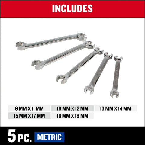 5 Piece Flare Nut Wrench Set Metric MM With Polished Finish includes five wrench sizes shown arranged on white background.