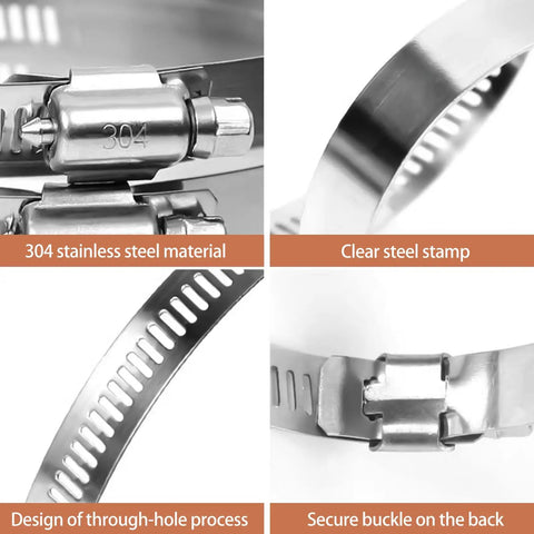 Close-up of 20 Inch Stainless Steel Hose Clamp Kit 5 Pack Adjustable Worm Gear Clamps For Water Pipes Beefy 304 Stainless Build Leak Proof Seal