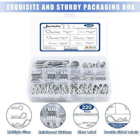 Heavy Duty Zinc Plated R Clips And Cotter Pins Kit, 220 Piece Spring Fastener Assortment for hitches and lawn mowers