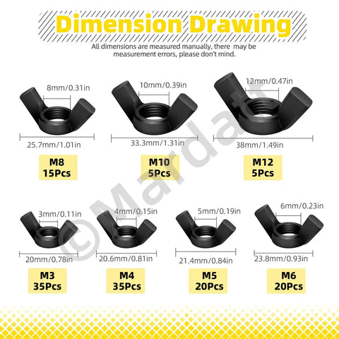 Dimension drawing of Tough As Nails Carbon Steel Metric Wing Nuts Assortment Kit includes M3, M4, M5, M6, M8, M10, M12 sizes.