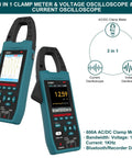 Two blue 3-In-1 AC/DC Clamp Meters And Oscilloscope For Current And Voltage with displays and buttons, front and side view
