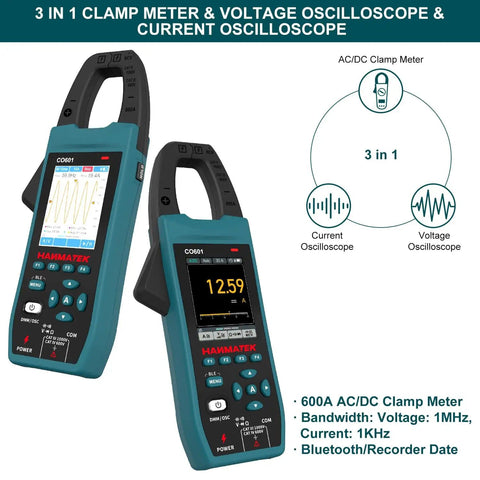 Two blue 3-In-1 AC/DC Clamp Meters And Oscilloscope For Current And Voltage with displays and buttons, front and side view