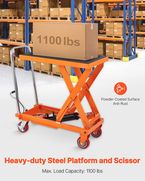 Orange powder-coated steel hydraulic lift table with scissor arms and four wheels, 1100 lbs capacity, non-slip top.