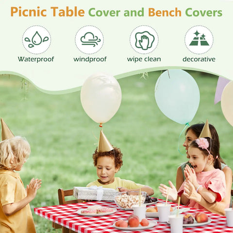 Children at a picnic table with red cover, balloons; Picnic Table Cover With Bench Covers And Bag Red Waterproof Heavy Duty Vinyl 72 By 30 Inches With Elastic Edges 3 Pack Camping Essentials For Outdoor Dining Rain Safe No Fuss