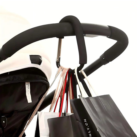 Black Three Pack 5.2 Inch Carabiner Stroller Hooks Dope Heavy Duty Clips holding multiple bags on stroller handle