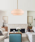 Totally Iconic 24 Inch Linen Drum Chandelier With Six Warm Lights Featuring Sleek Gold Frame And Three Tier Vintage Farmhouse Design.