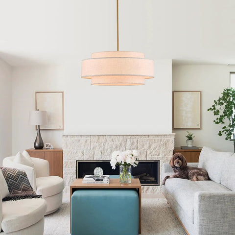 Totally Iconic 24 Inch Linen Drum Chandelier With Six Warm Lights Featuring Sleek Gold Frame And Three Tier Vintage Farmhouse Design.