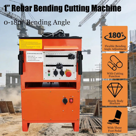 Heavy Duty 1 Inch Electric Rebar Bender And Cutter With Rock Solid Build And Zero Fuss Operation For Knockout Precision Cuts With Dual Flex Angle Locks On 110V, featuring a flexible 0-180 degree bending angle.