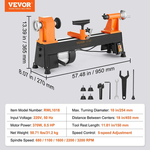 Diagram and dimensions of Workhorse Benchtop Wood Lathe 10x18 Inch For DIY Woodworking 0.5 HP 370W Power With Five Variable Speeds 780 1320 1920 2640 3840 RPM Includes Faceplate Rod Wrenches And Foot Pads.