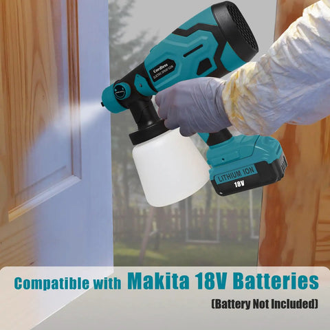 Cordless HVLP Paint Sprayer With Dual Nozzles And Three Spray Patterns For Furniture Cabinets Walls And Fence Staining 18V Battery Powered Not Included held by a person spraying a wooden door