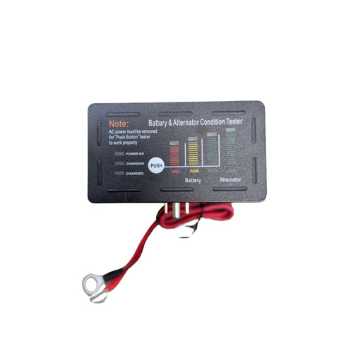 Battery and alternator condition tester with attached cables, black panel design