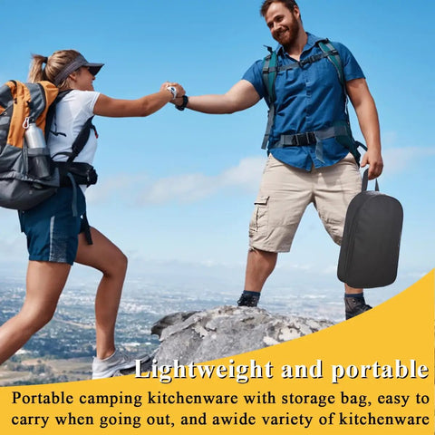 Two campers high-fiving on mountain, holding 15 Piece Camping Kitchen Utensil Set For RVs Camping Backpacking And Travel Premium Outdoor Cooking Tools.