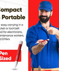Man in blue uniform holding a pen-sized Compact Noncontact AC Voltage Detector 50 To 1000VAC CAT IV Pen Sized Electrician Tool