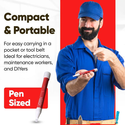 Man in blue uniform holding a pen-sized Compact Noncontact AC Voltage Detector 50 To 1000VAC CAT IV Pen Sized Electrician Tool