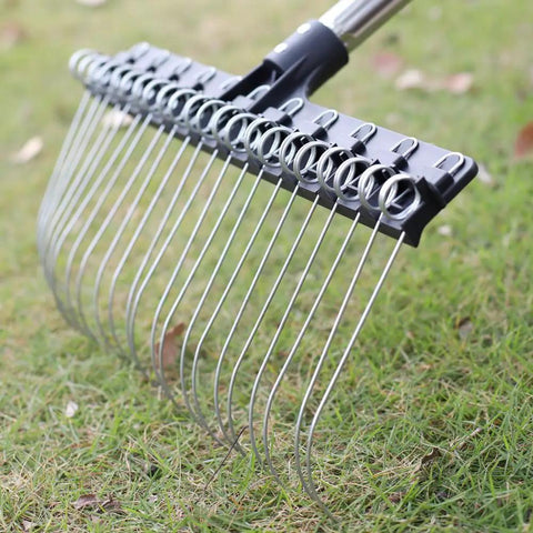 Adjustable Thatch Rake With 63 Inch Telescoping Handle And 16 Inch Steel Tine Head For Lawn Care Pros, de-thatching grass.
