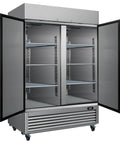 Top Shelf Heavy Hitter 49 Cu Ft Commercial Freezer And Fridge, upright stainless steel cooler with open doors and shelves.