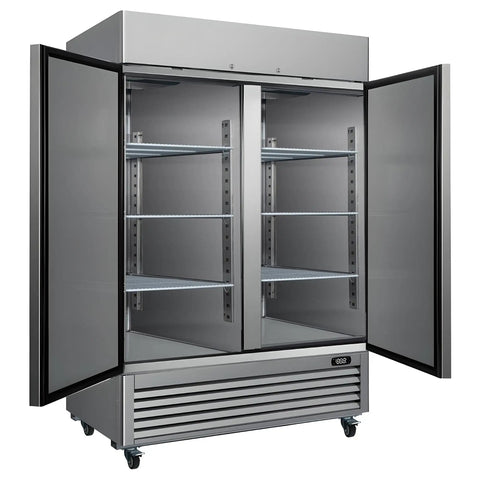 Top Shelf Heavy Hitter 49 Cu Ft Commercial Freezer And Fridge, upright stainless steel cooler with open doors and shelves.