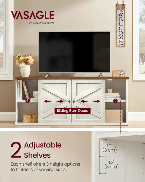 Farmhouse TV Stand Built To Handle 65 Inch TVs With Sliding Barn Doors, Rustic White And Honey Brown Entertainment Center