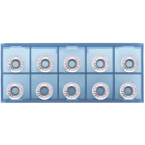 RCGT1204MO Carbide Turning Inserts For Aluminum And Copper With LH Chipbreaker, 10 uncoated round lathe inserts in a blue box