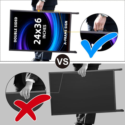 Comparison of correct and incorrect ways to carry the Beefy Heavy Duty Slide In Folding Sandwich Board A Frame Sidewalk Sign 24 by 36 Inch.