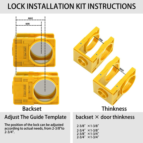 Door Lock Installation Kit For Wooden Doors One And Three Eighths Inch To One And Three Quarters Inch Hole Saw Set With Guide Template Jig And Pilot Bits For Precise Hole Drilling And Easy Door Hardware Installation shown with adjustable guide template and thickness measurements.