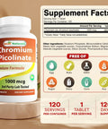 Straight Up Premium Chromium Picolinate 1000 Mcg Tablets for Solid Blood Sugar, 120 count bottle with supplement facts.