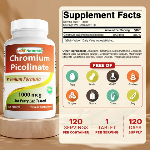 Straight Up Premium Chromium Picolinate 1000 Mcg Tablets for Solid Blood Sugar, 120 count bottle with supplement facts.