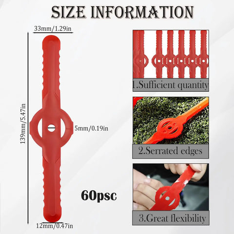 60 Pack String Trimmer Blades Replacement Set for Weed Eater Wacker Blades with Universal Fit, Plastic Cutter Heads, Red, Size Info