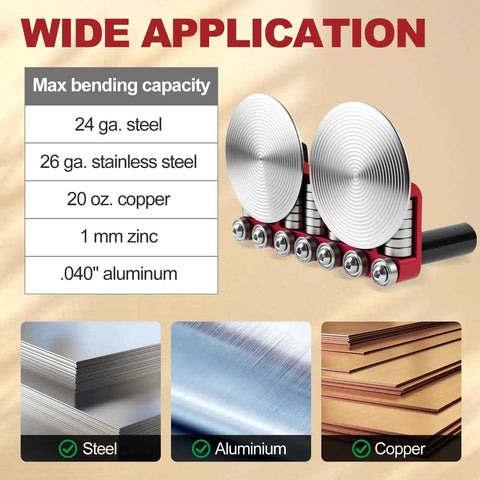 Two Station Disc Sheet Metal Bender for DIY Roof Projects showing bending capacity and material options including steel and aluminum.