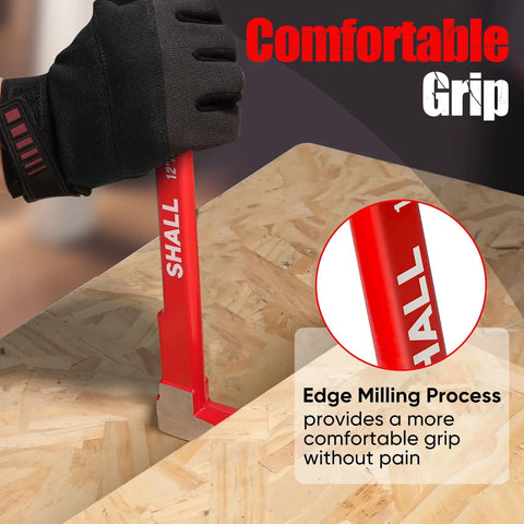 Beefy Three Piece Nail Puller Tool Set with 12 inch crowbar shown gripping wood surface, red handle, edge milling detail.