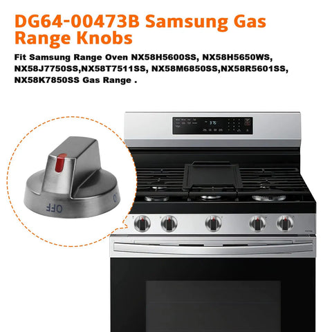Replacement Stove Knob Kit For Gas Range And Oven Durable Easy Install 5 Pack Compatible With Samsung DG64 00473A 00473B And Related Models Includes NX58H5600SS AA00 AP5917439 PS9606608 3447565 displayed with stainless steel gas range in background