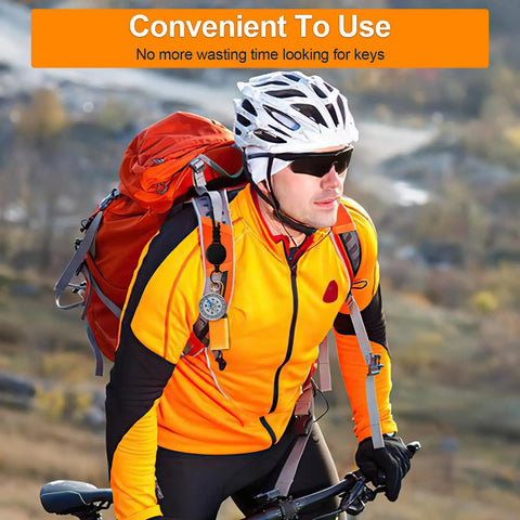 Cyclist outdoors with three pack retractable keychain with heavy duty carabiners and badge holders visible on backpack