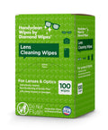 Handyclean Lens Cleaning Wipes box by Diamond Wipes, 100 individually sealed wipes for lenses & optics, green packaging