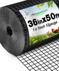 Heavy Duty PVC Coated Hardware Cloth Mesh 1x1 Inch 36 Inch By 50 Feet Welded Wire Fence Roll For Chicken Coops Yard Garden Fencing Deer Rabbit Barrier Gopher Tree Guard 12 Gauge Black with label showing 36in x 50ft dimensions and details.